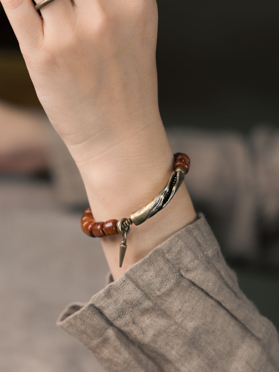 Hand-Carved Ox Bone Bracelet with Curved Brass Tube & Spike Charm (Vintage Style)