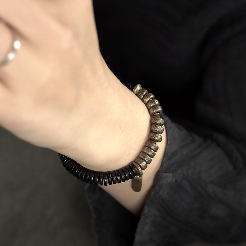 Black Ebony Wood & Textured Vintage Brass Heishi Bracelet (Industrial Style)