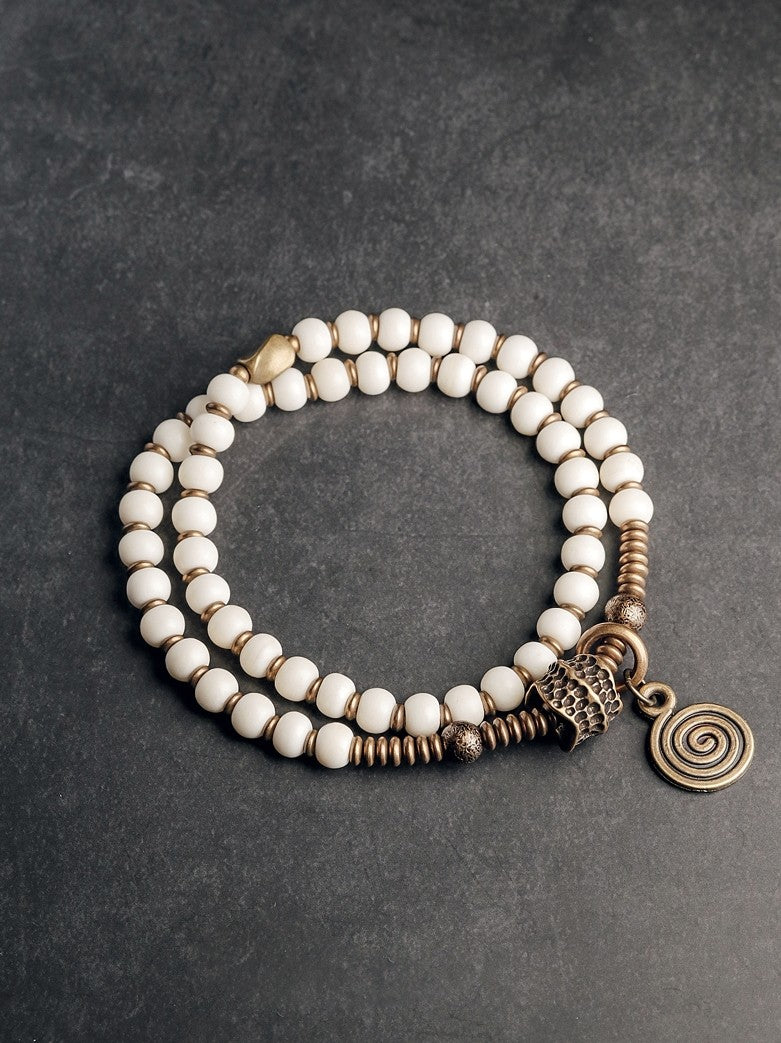 Double-Layer White Deer Bone Buddha Bracelet with Vintage Brass Accents