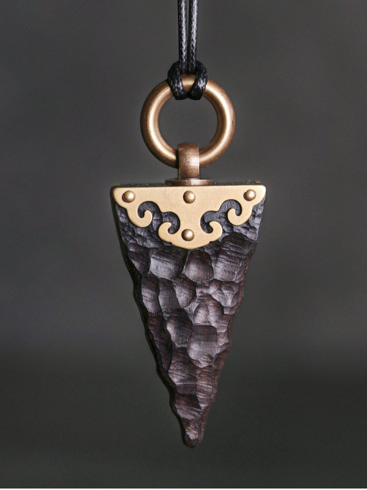 Hand-Carved Ebony Arrowhead and Filigree Brass Necklace