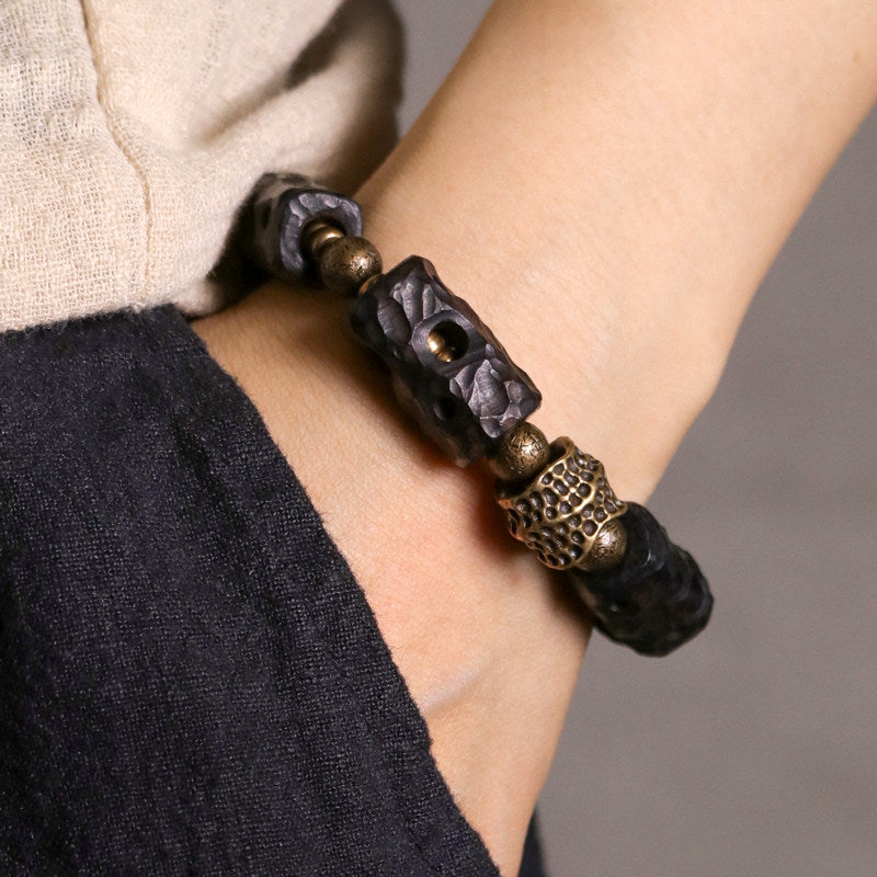 Tibetan Style Hand-Carved Ebony Wood & Textured Brass Cylinder Bracelet