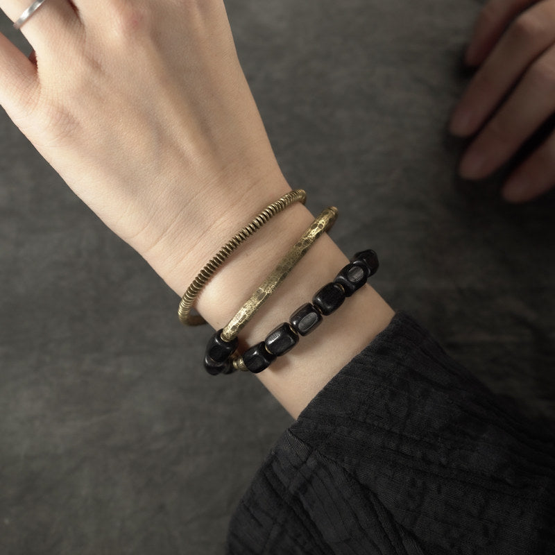 Black Ebony Wood & Coiled Brass Triple Layer Bracelet (Men's Industrial Style)
