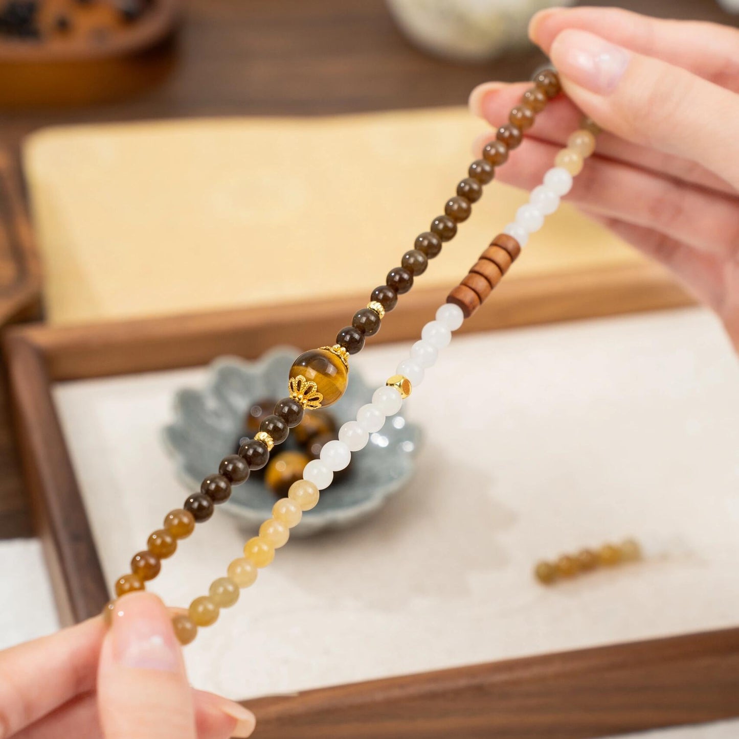 Gradient Hetian Sugar Jade 2-Wrap Bracelet with Gold Tiger's Eye & Sandalwood