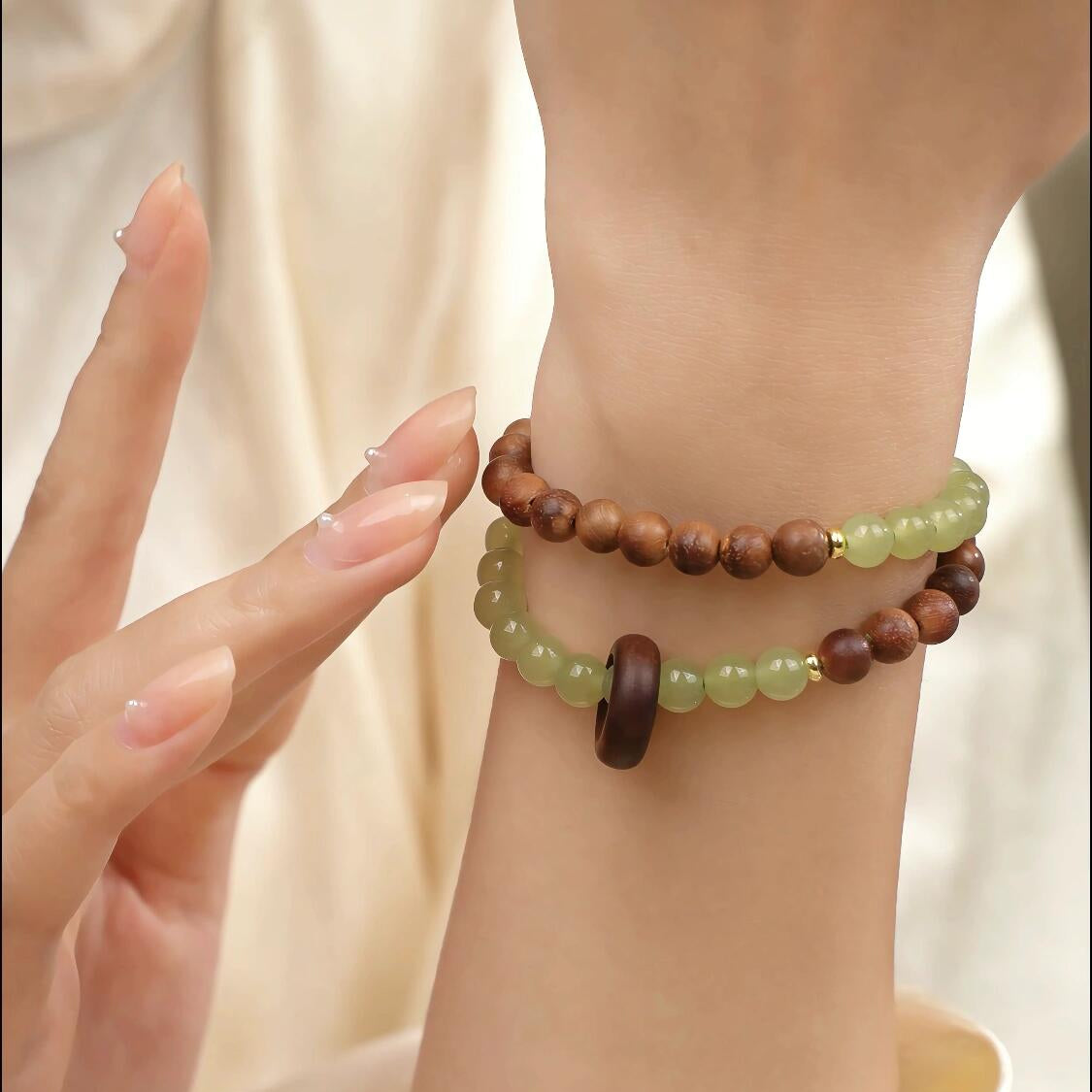Green Chalcedony & Rosewood 2-Wrap Bracelet with Wooden Donut (Zen Style)