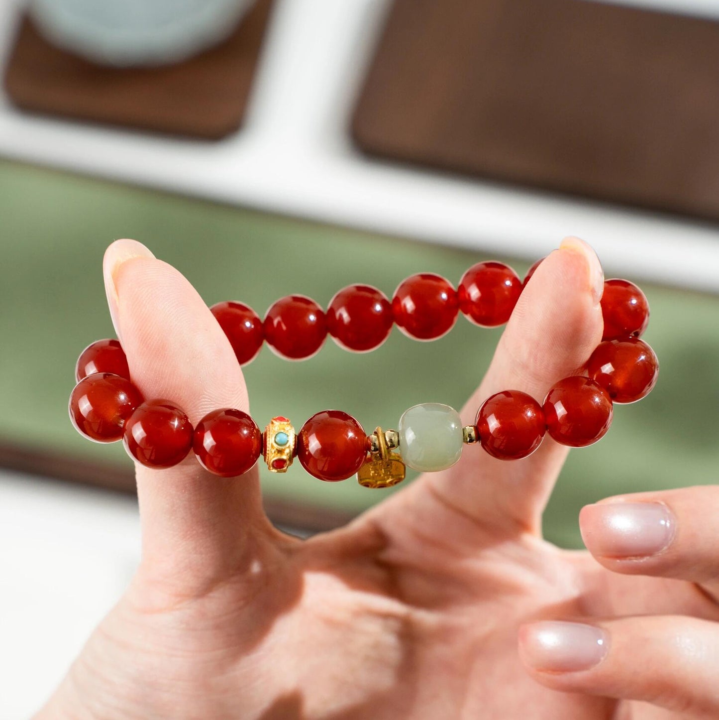 Red Agate Ball Bracelet with Hetian Jade & Gold Fortune Bead (10mm)