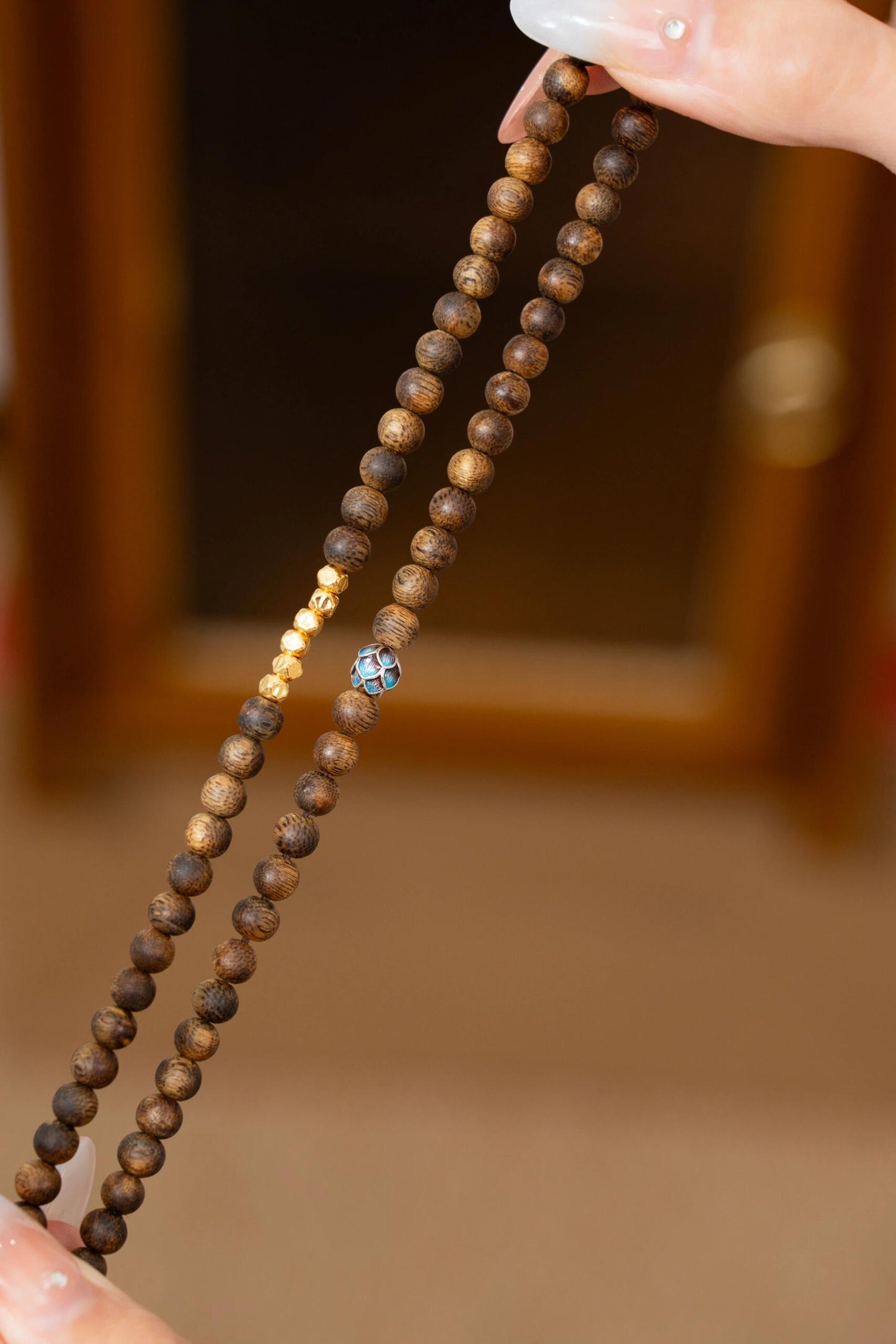 Qinan Agarwood 2-Wrap Bracelet with Gold Vermeil Enamel Lotus (S925 Silver)