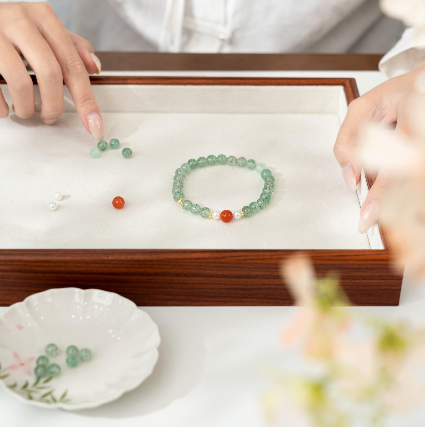Green Chalcedony Ball Bracelet with Watermelon Red Crystal (8mm)