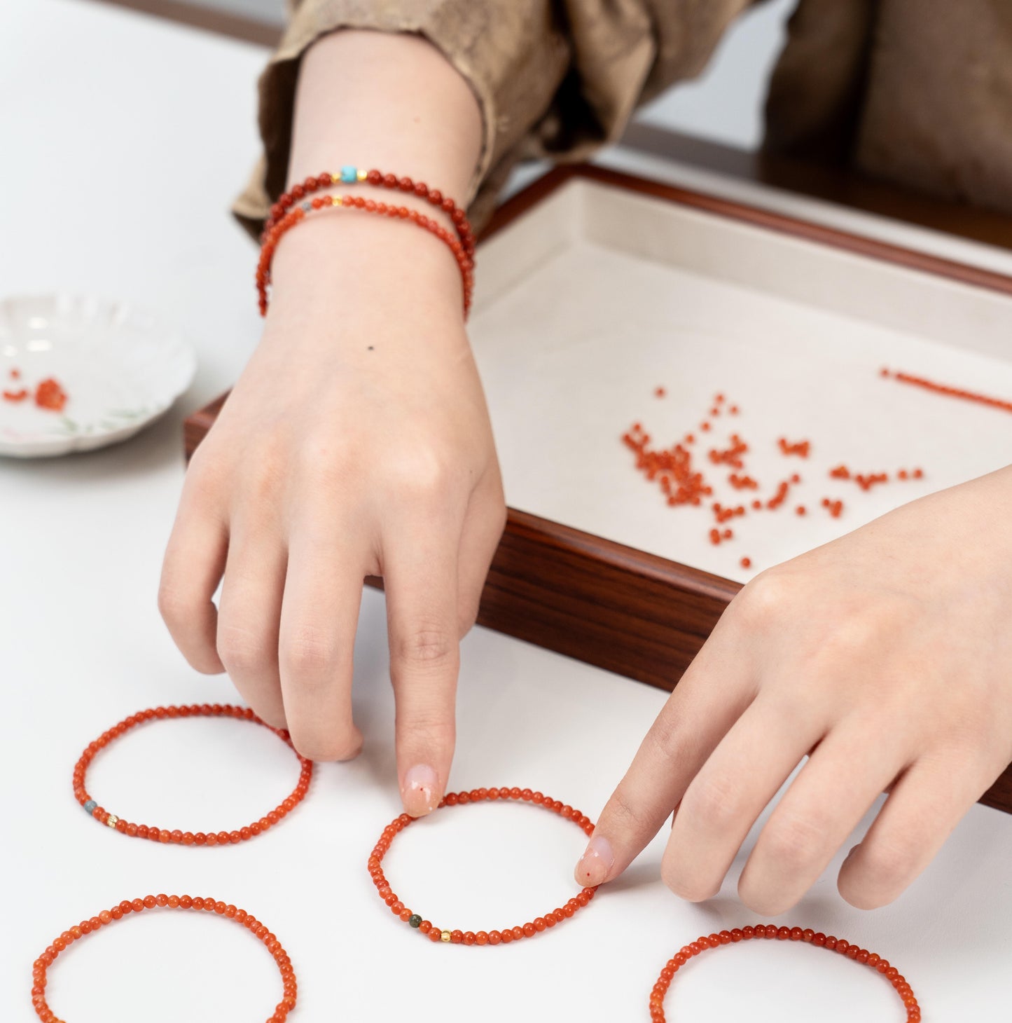 Dainty 2.5mm Southern Red Agate (Nan Hong) Bracelet with Tourmaline (Stackable)