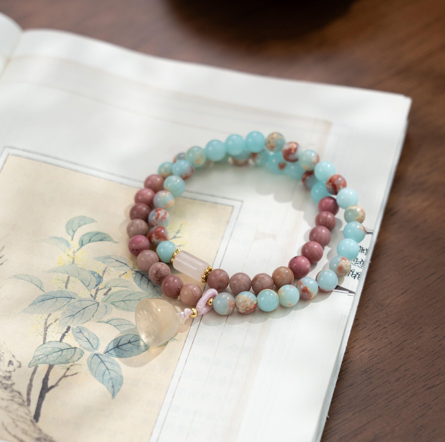 Shoushan Stone & Red Wood Grain Jasper 2-Wrap Bracelet with White Lotus Charm
