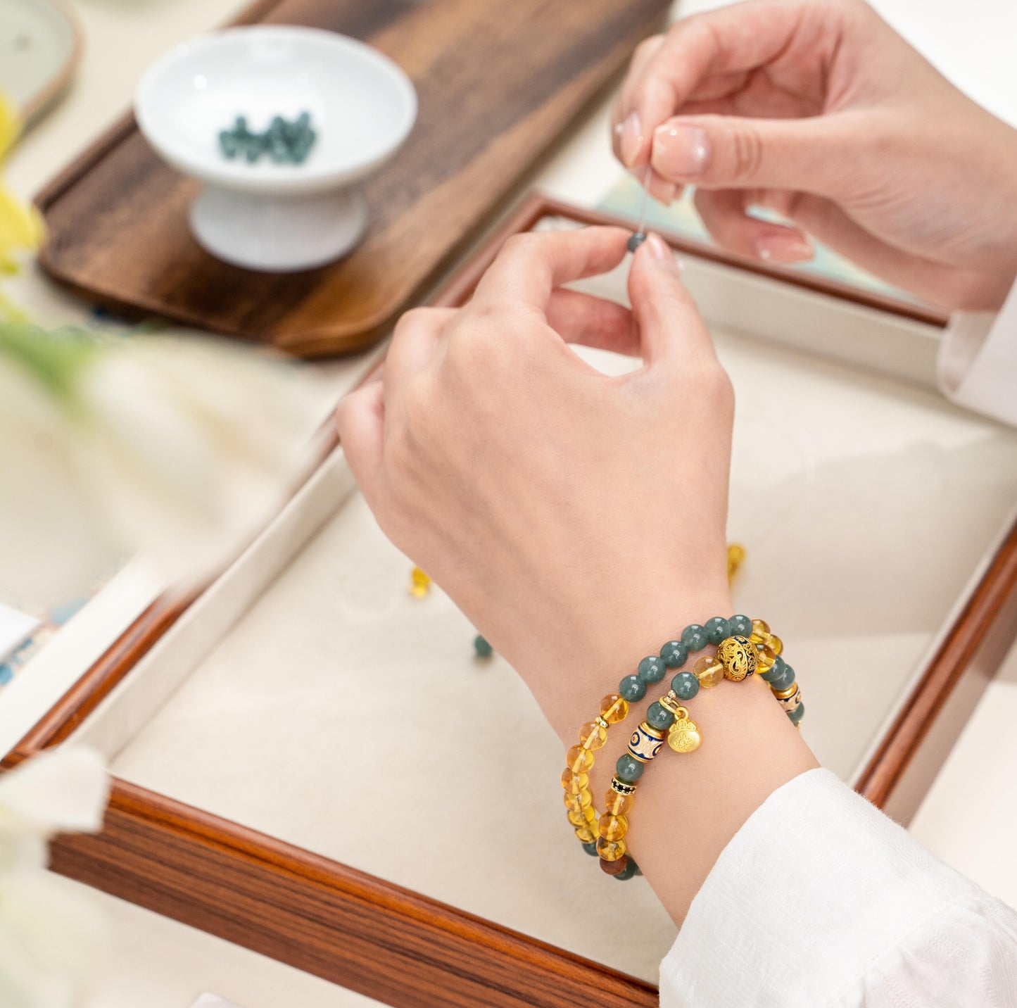 Blue Amber & Blue Water Jadeite 2-Wrap Bracelet with Enamel Barrel & Gold Filigree
