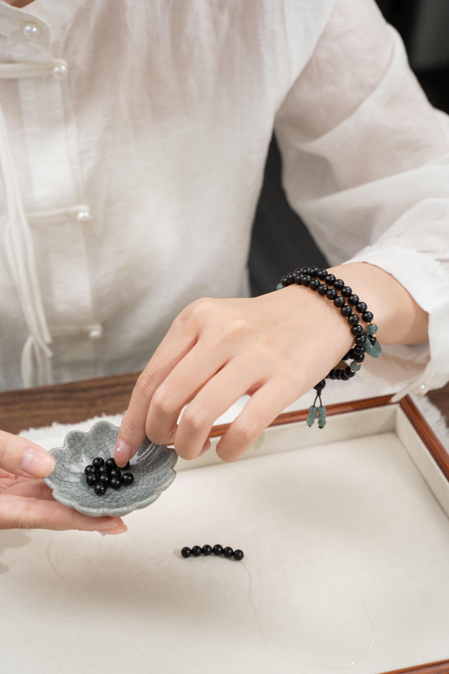 Zen Forest: Sandalwood & Blue Water Jade Chinese Bracelet
