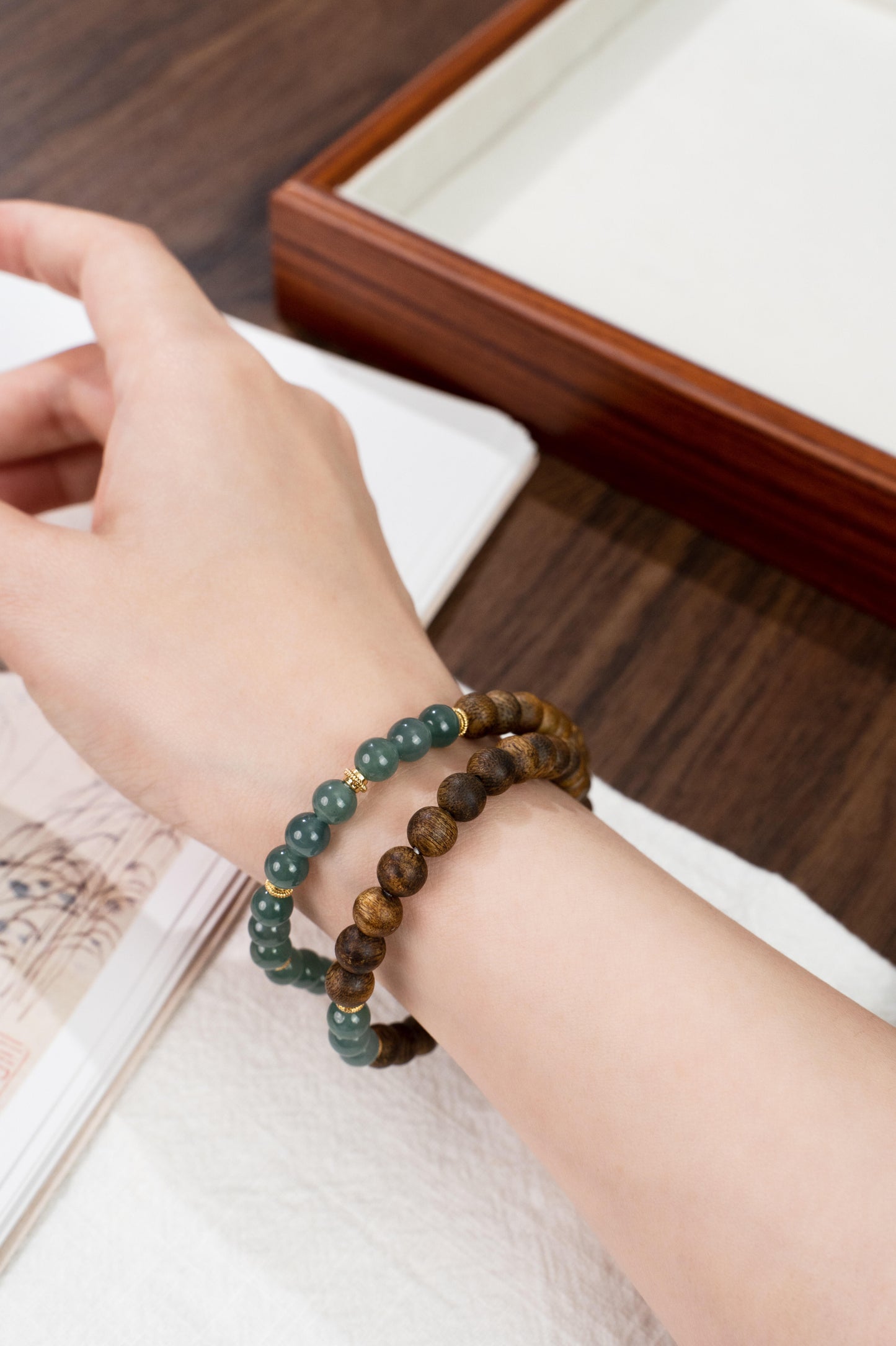 Divine Harmony: Qinan Agarwood & Jadeite Chinese Bracelet