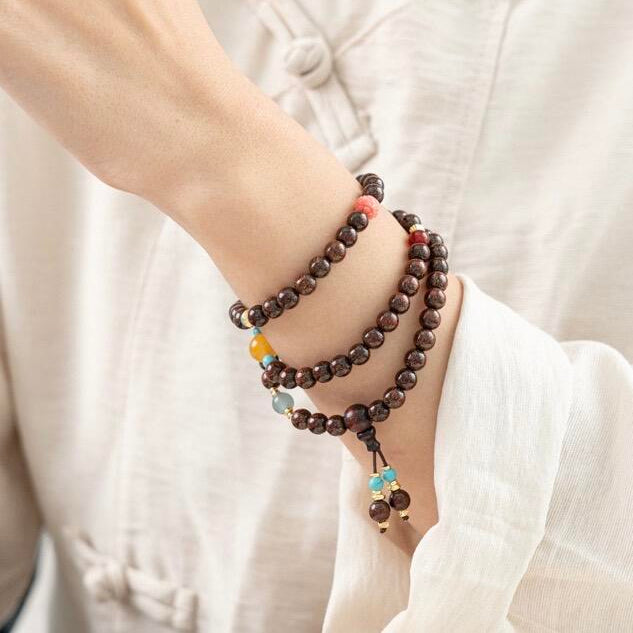 Small Leaf Red Sandalwood (Zitan) 3-Wrap Bracelet with Carved Mother-of-Pearl Lotus