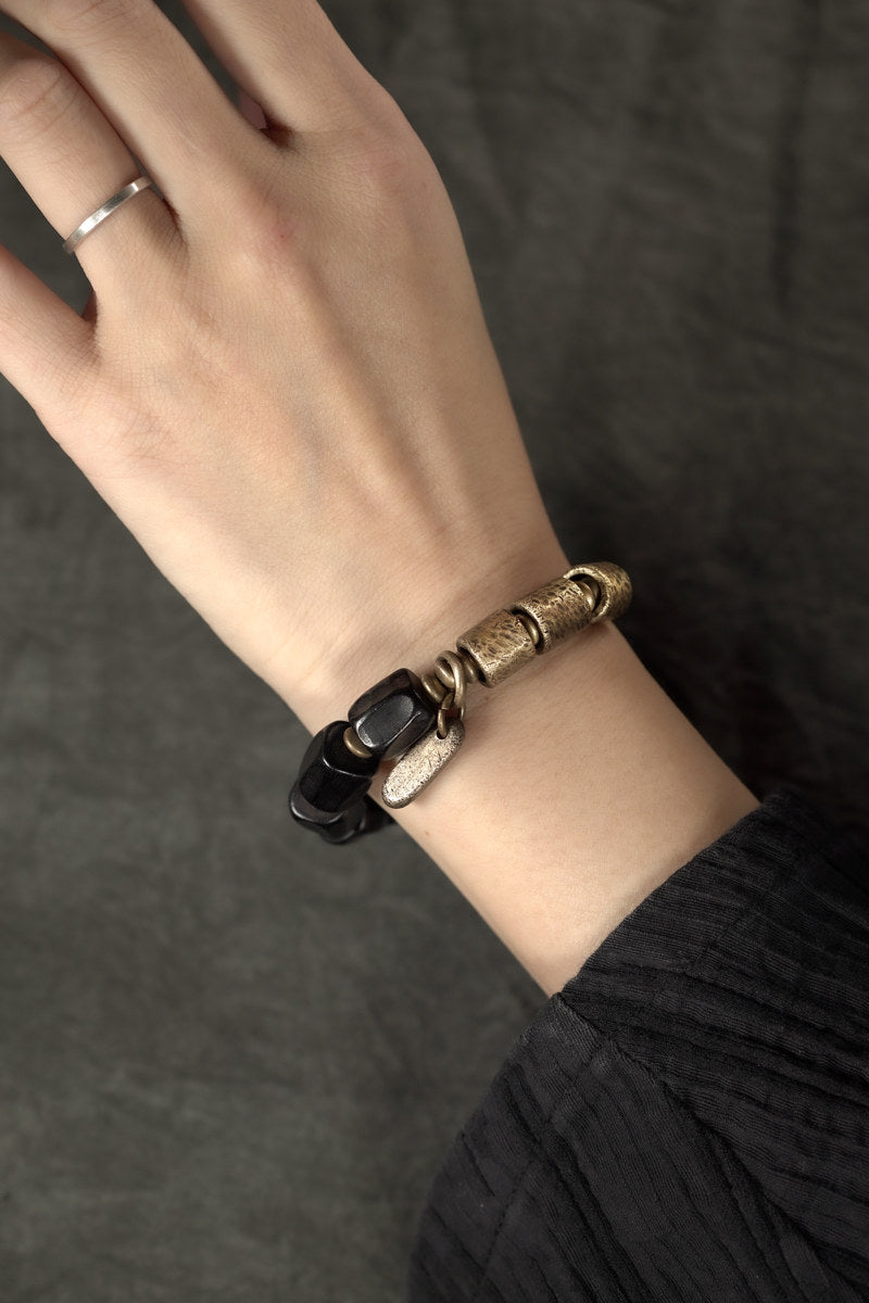 Hand-Carved Ebony Wood & Coiled Brass Bracelet (Vintage Men's Style)