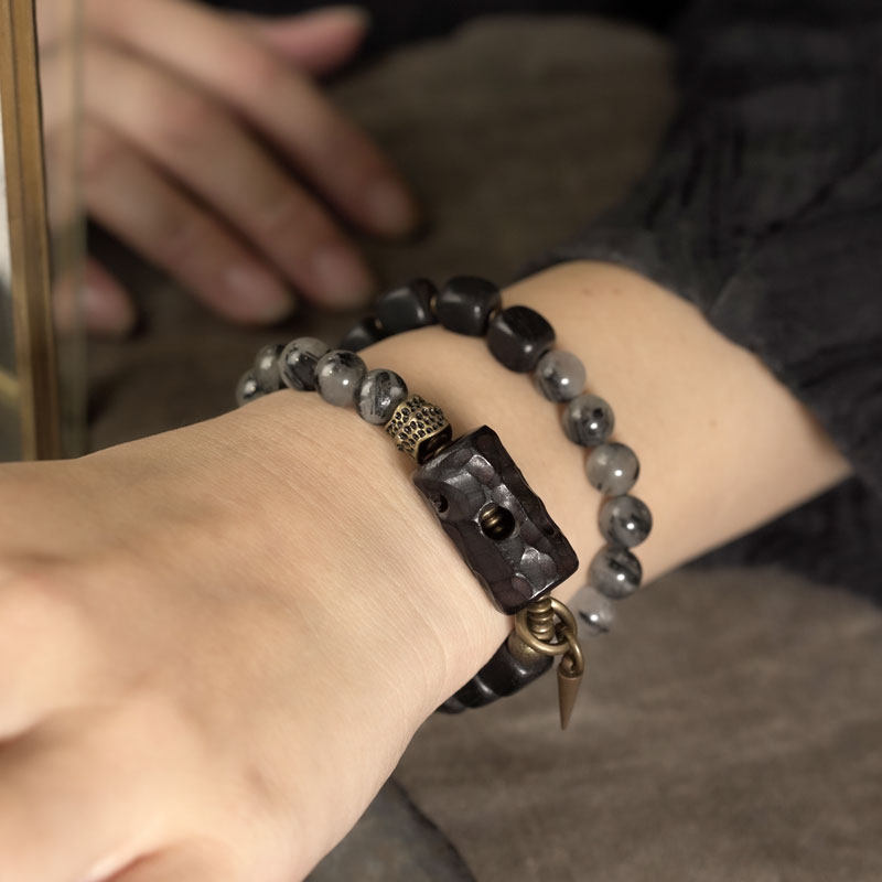Black Rutilated Quartz & Hand-Carved Ebony Wood Bracelet with Brass Spike (Half & Half Style)