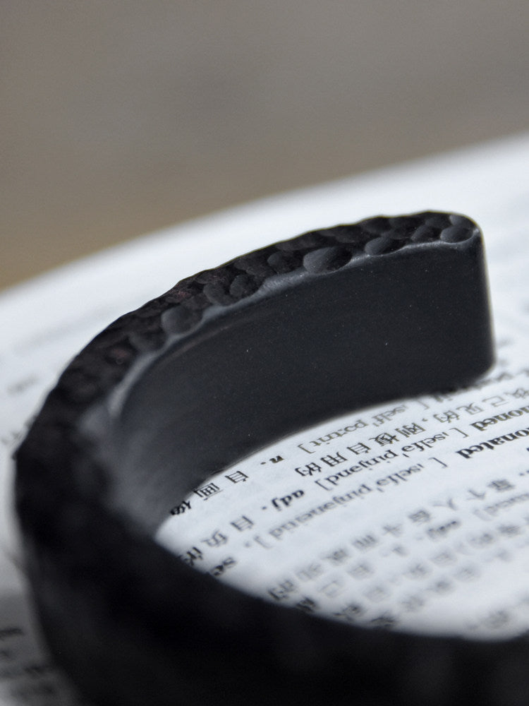 Hand-Carved African Ebony Cuff Bracelet with Meteorite Crater Texture