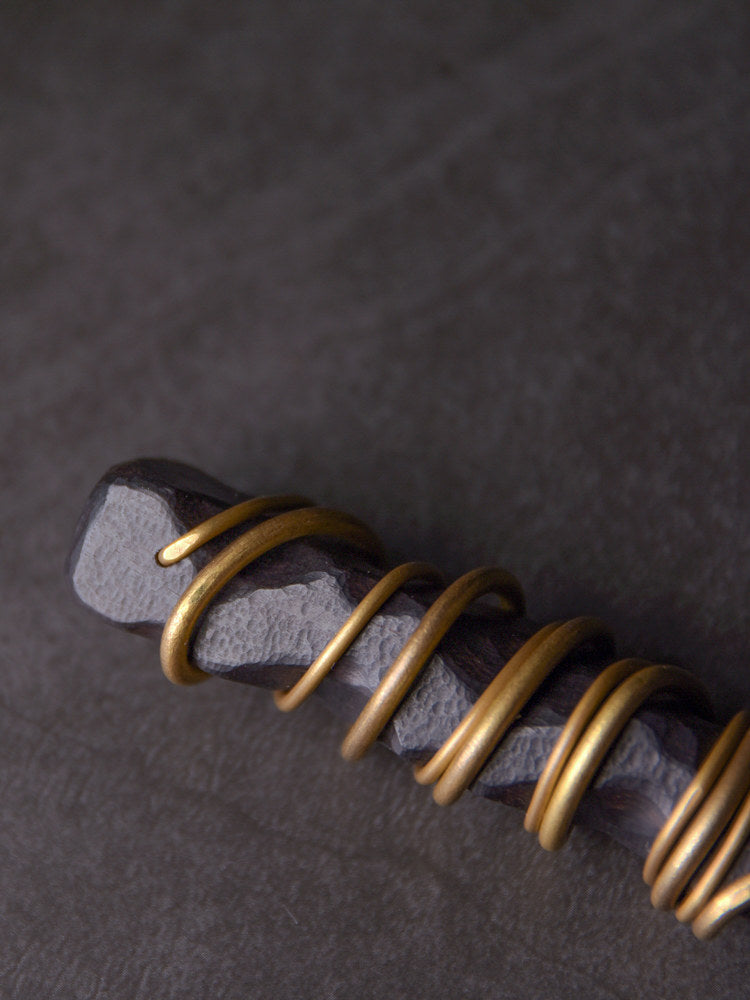 Hand-Carved Ebony and Vintage Brass Wood Pendant Necklace