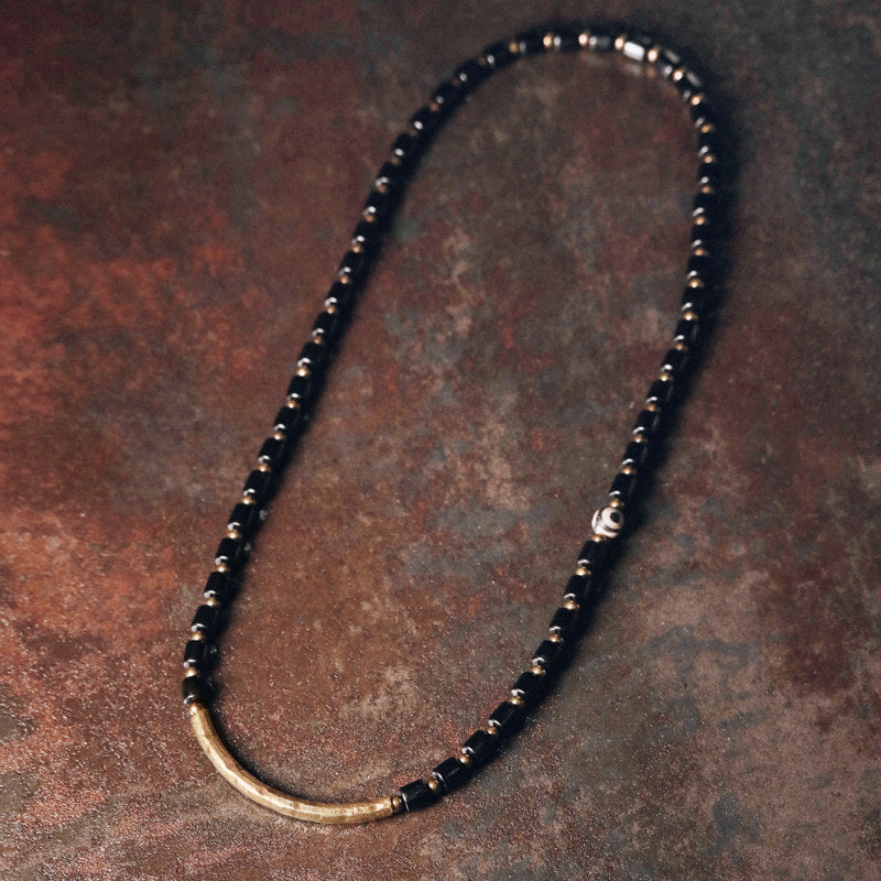 Handmade 3-Wrap Ebony Wooden Bead Bracelet with Antique Hammered Brass