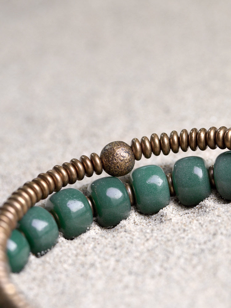 Double-Layer Buddha Bracelet with Green Yinpi Bodhi Beads & Vintage Brass