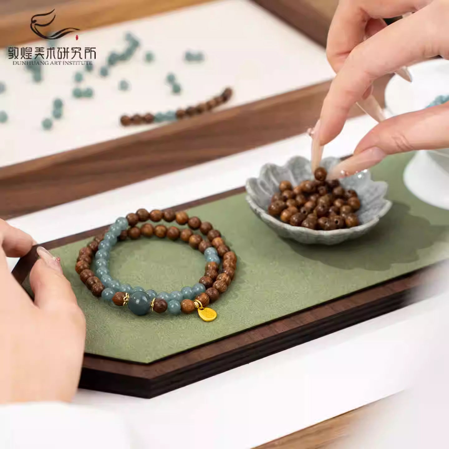 Qinan Agarwood & Blue Water Jadeite 2-Wrap Bracelet with Gold Amulet Charm