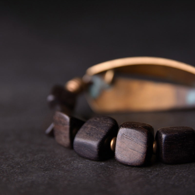 Patina Brass Shield & Ebony Bracelet - Spiritual Growth & Protection