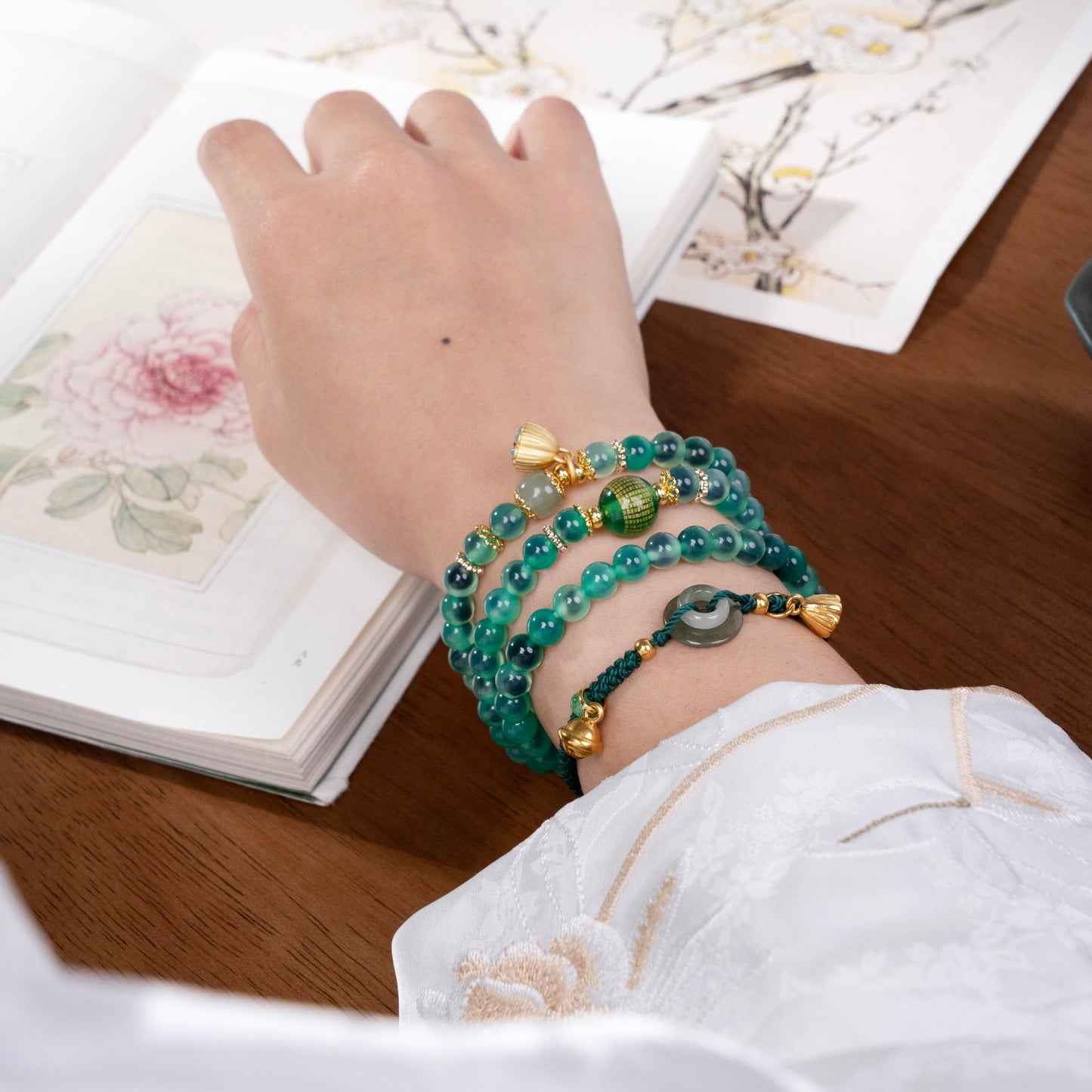 Stylish three layer beaded bracelet made of natural green agate and jade, perfect boho jewelry gift