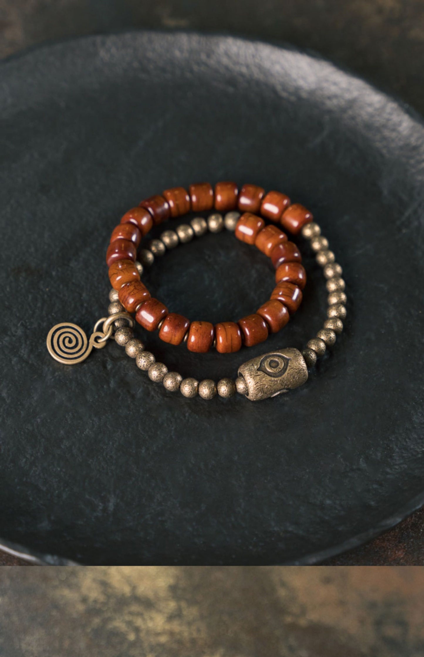 Hand-Carved Ox Bone & Vintage Brass 2-Wrap Bracelet with Wisdom Eye Tube