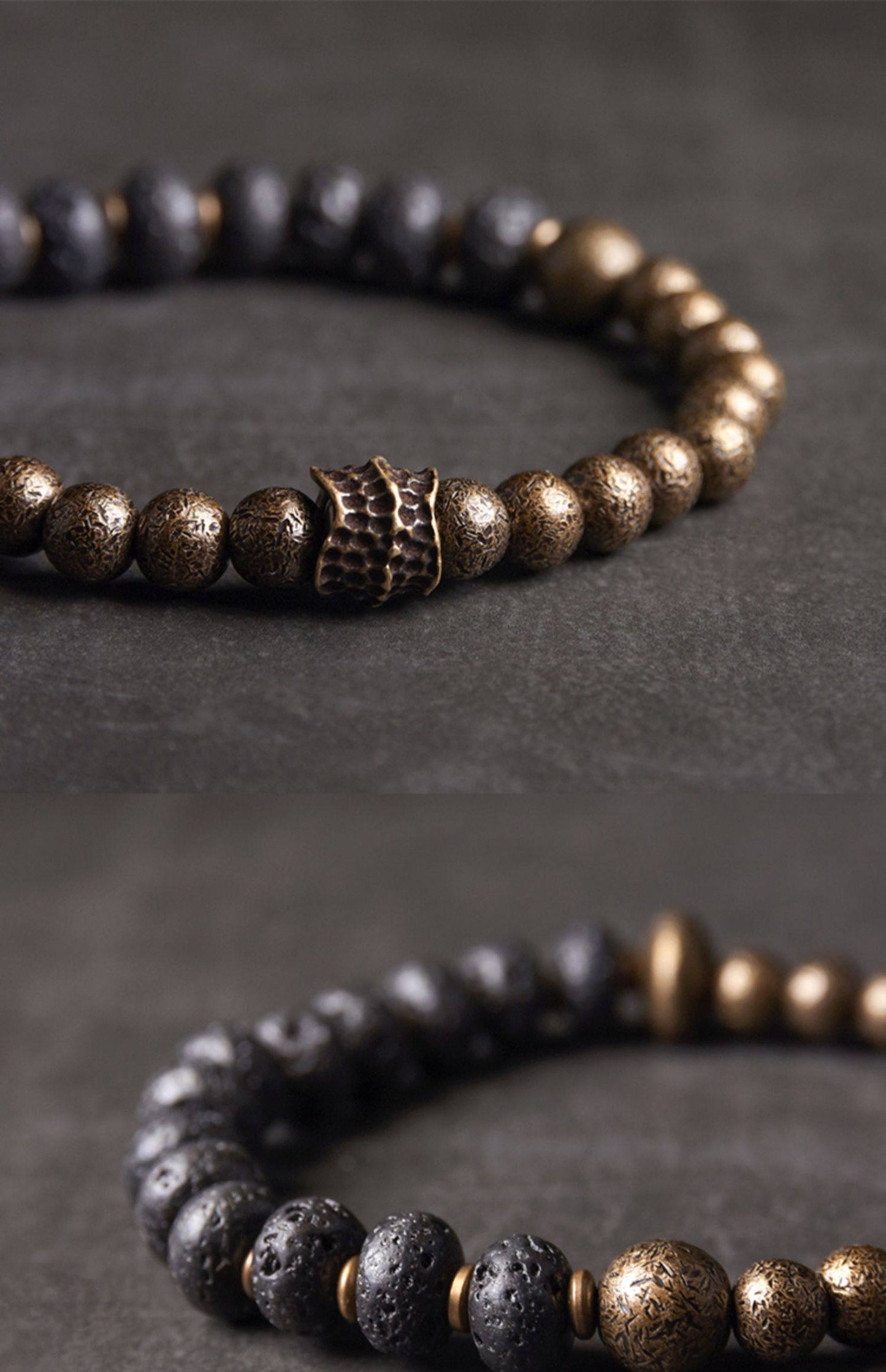 Men's Black Bead Bracelet with Antique Distressed Copper-Tone Brass