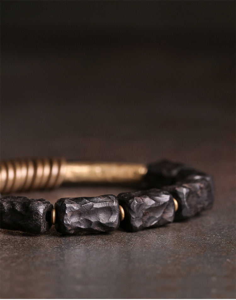 Hand-Textured Ebony Wood and Vintage Brass Cylinder Mens Beaded Bracelet