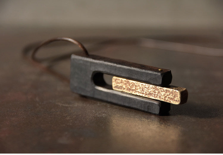 Artisan Hammered Brass and Ebony Vintage Wood Necklace