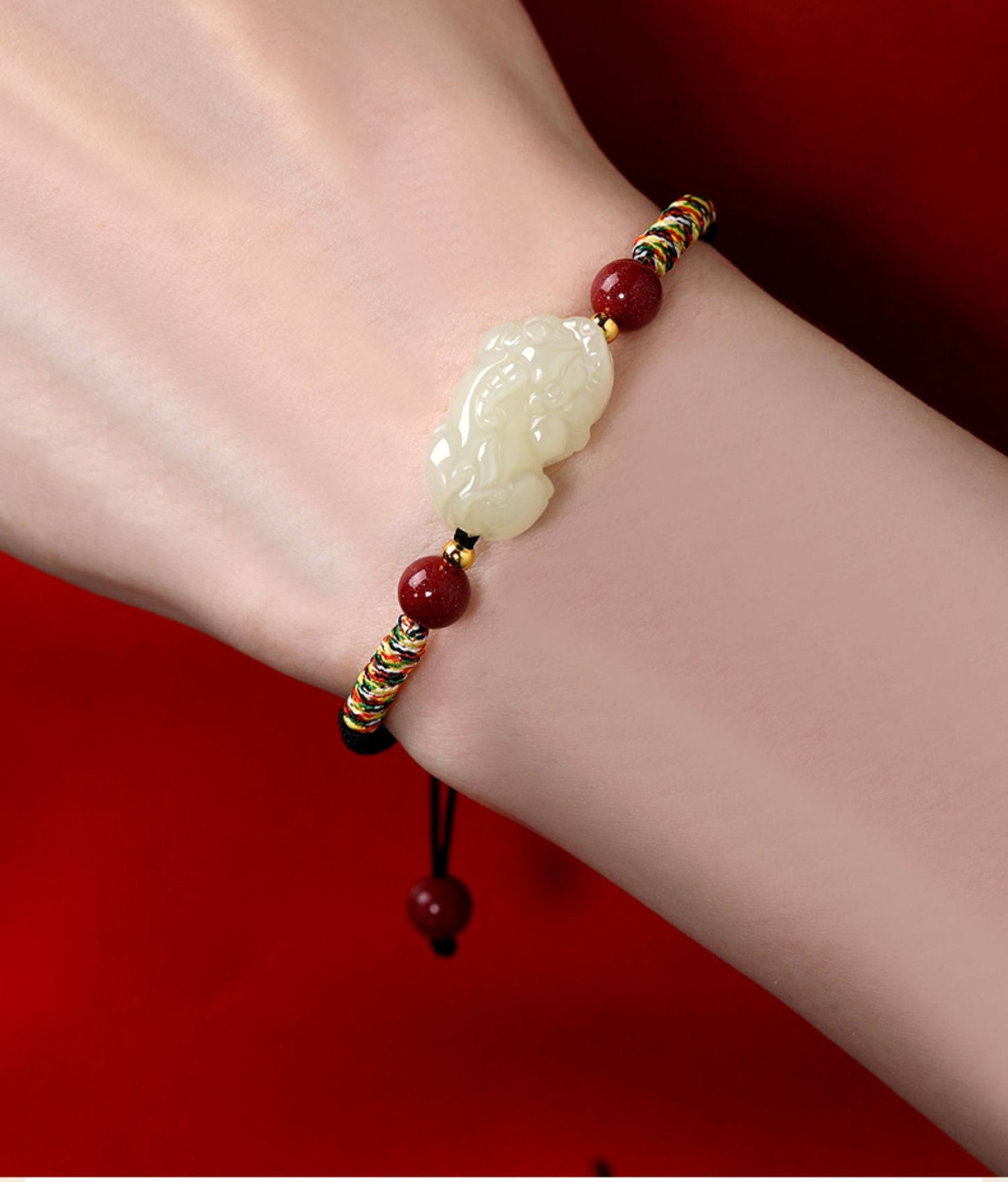 Sacred Guardian Hetian Jade Pixiu & Cinnabar Red String Bracelet