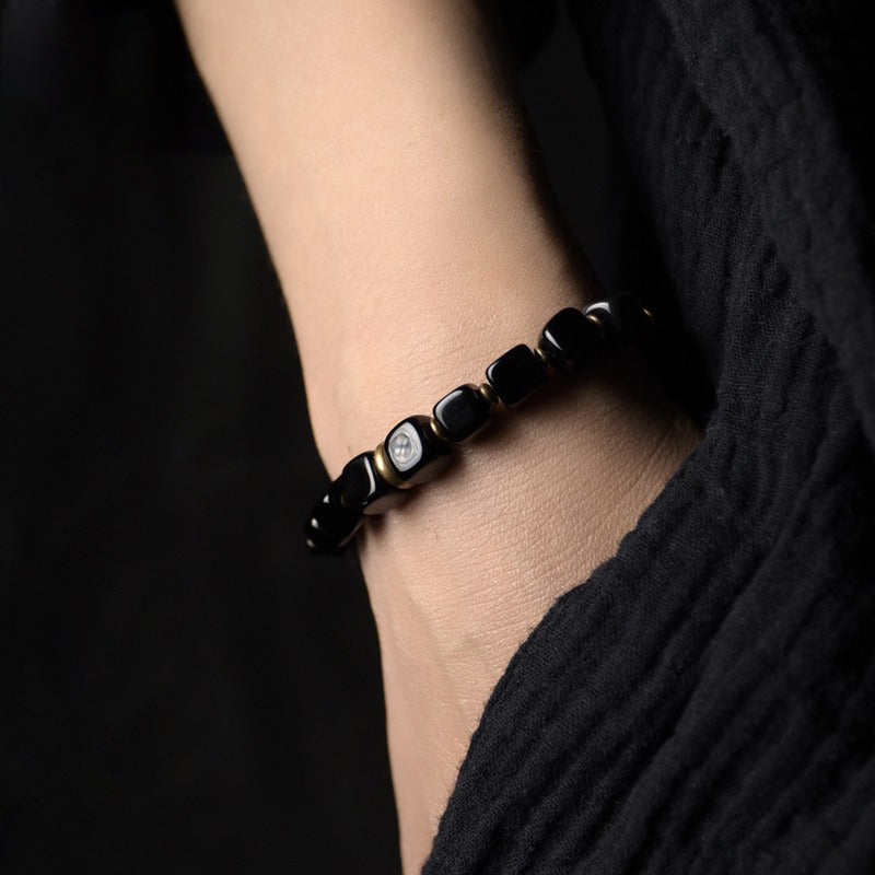 Obsidian & Hammered Brass Bracelet for Courage & Confidence