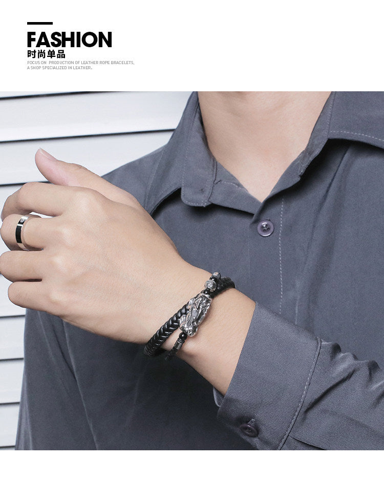Titanium Steel Pixiu Guardian Braided Leather Bracelet