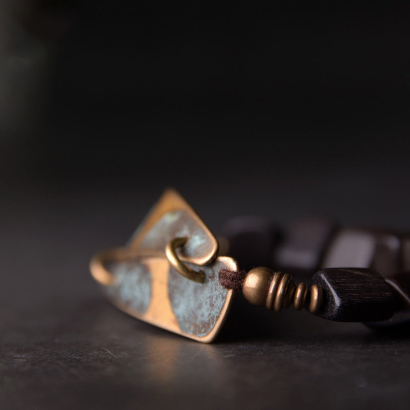 Patina Brass Shield & Ebony Bracelet - Spiritual Growth & Protection