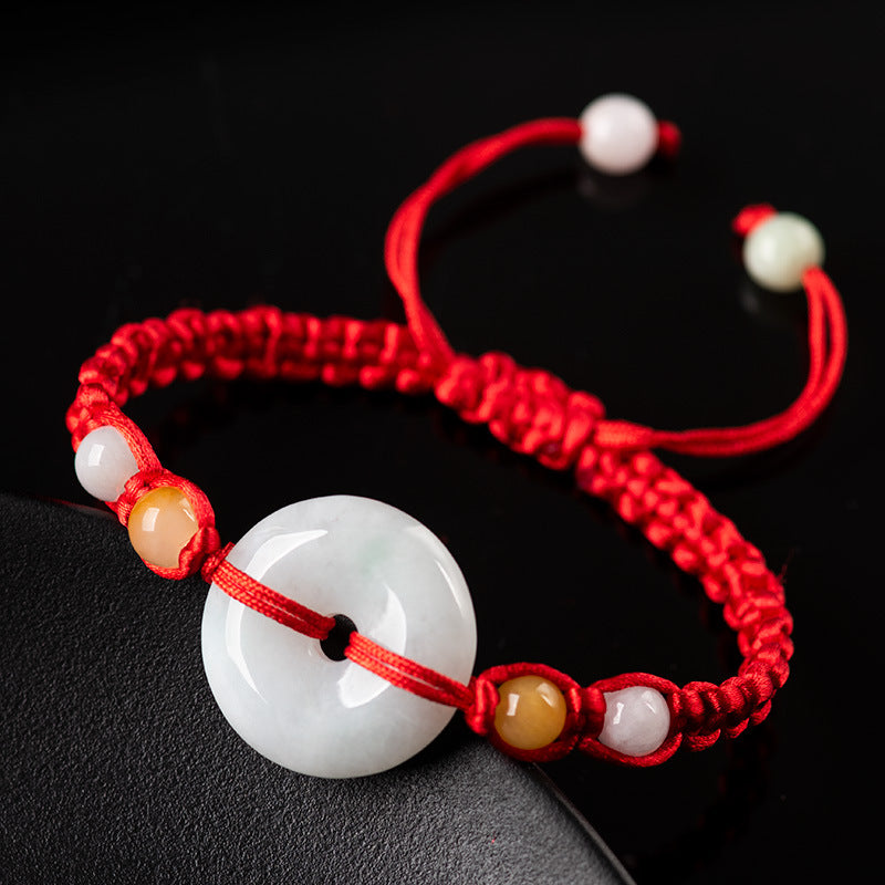 Natural Type A Jadeite Donut Red String Bracelet (Ping An Kou) - Adjustable