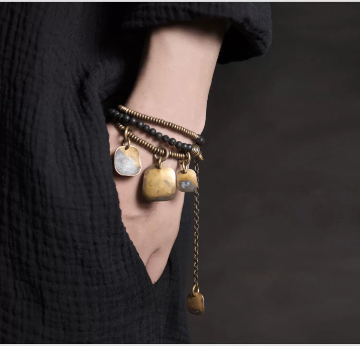 Unisex Lava Stone & Brass Coil Bracelet - Strength & Confidence