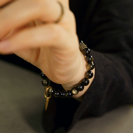 Golden Obsidian & Brass Feng Shui Bracelet for Wealth & Strength