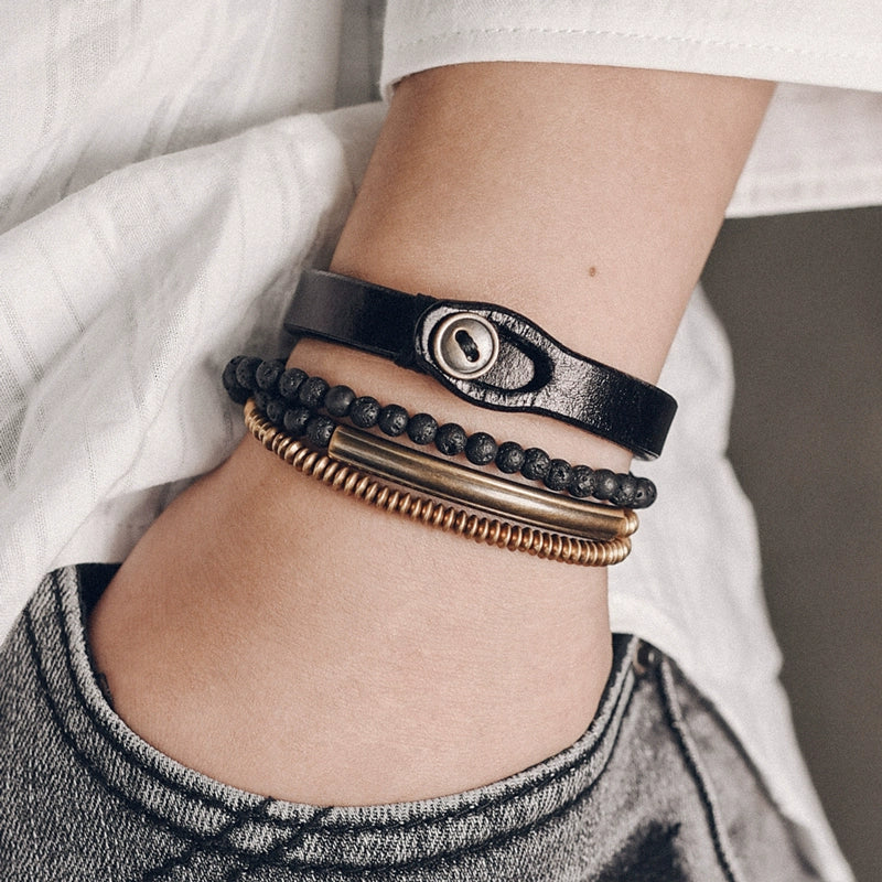 Lava Stone and Leather Copper Bracelet for Strength & Courage