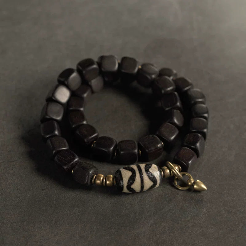 Double Tiger-Tooth Dzi & Ebony Bracelet for Protection & Royal Energy