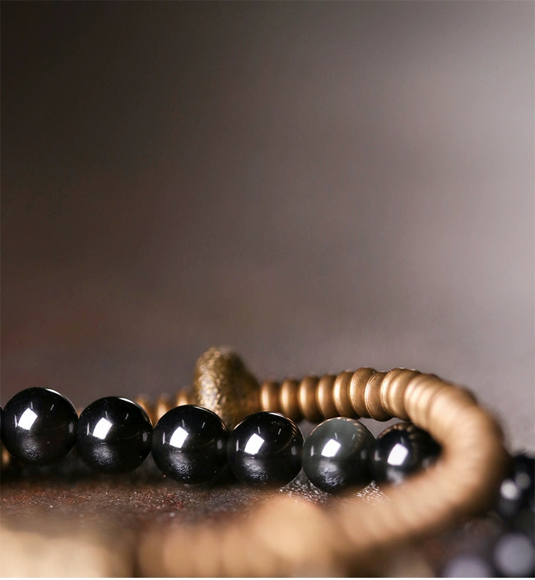 Tibetan Style Obsidian & Brass Wrap Bracelet for Courage & Spiritual Growth