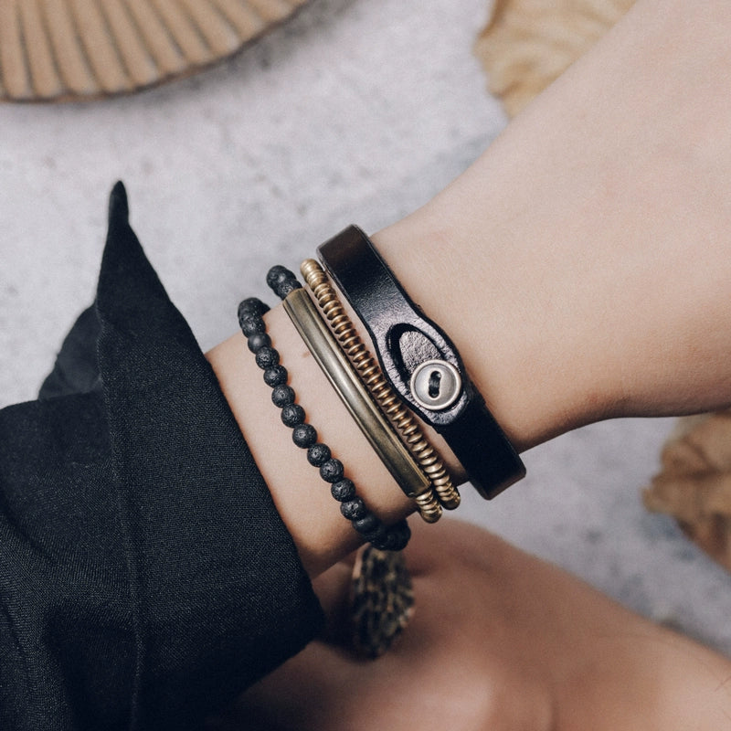 Lava Stone and Leather Copper Bracelet for Strength & Courage