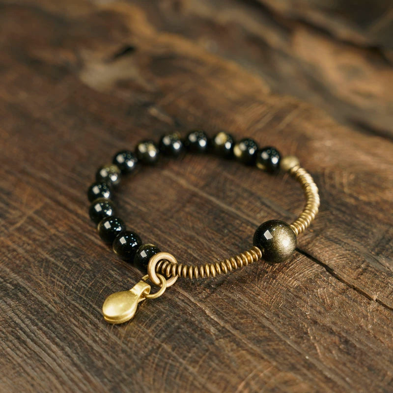 Golden Obsidian & Brass Feng Shui Bracelet for Wealth & Strength