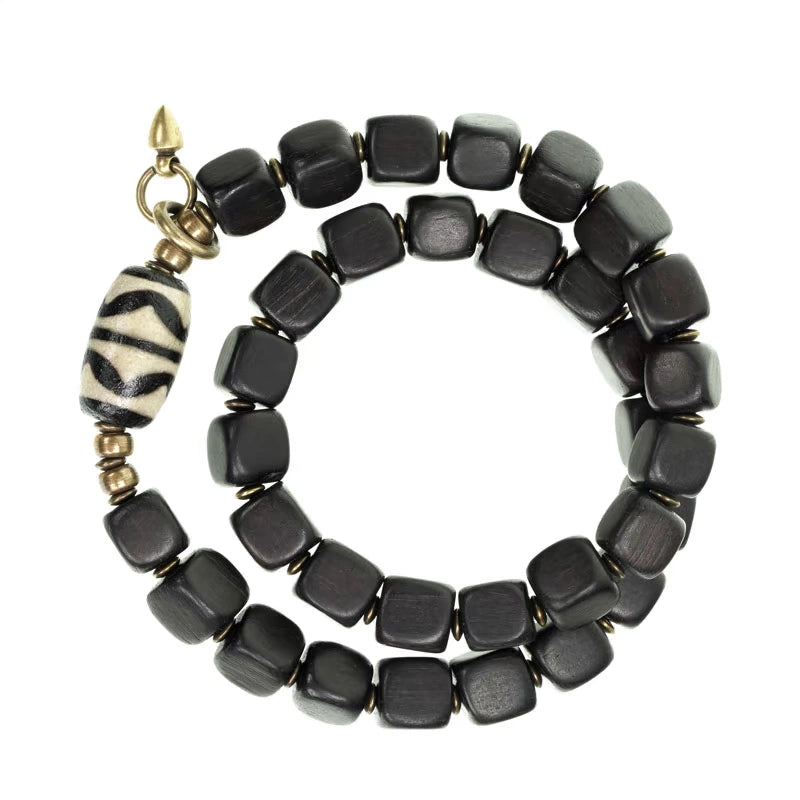 Double Tiger-Tooth Dzi & Ebony Bracelet for Protection & Royal Energy