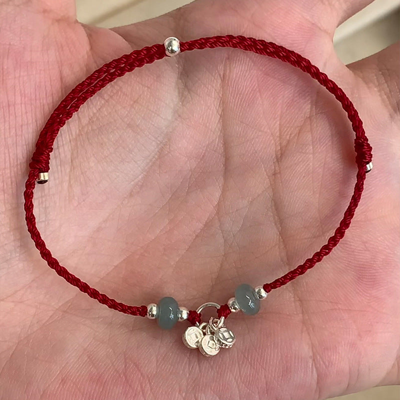 Natural Jadeite & S925 Silver "Wealth Coins" Red String Bracelet (Dainty)