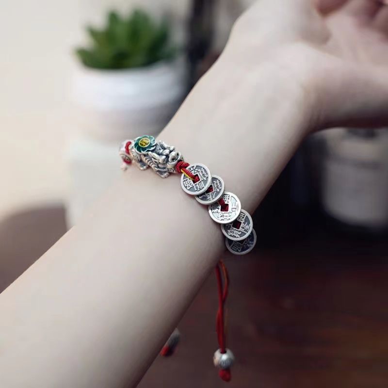 999 Pure Silver Pixiu Bracelet with Five Emperor Coins (Red/Black String)