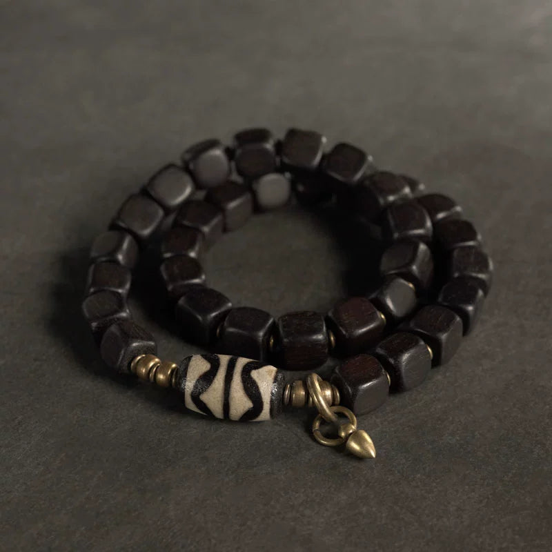 Double Tiger-Tooth Dzi & Ebony Bracelet for Protection & Royal Energy