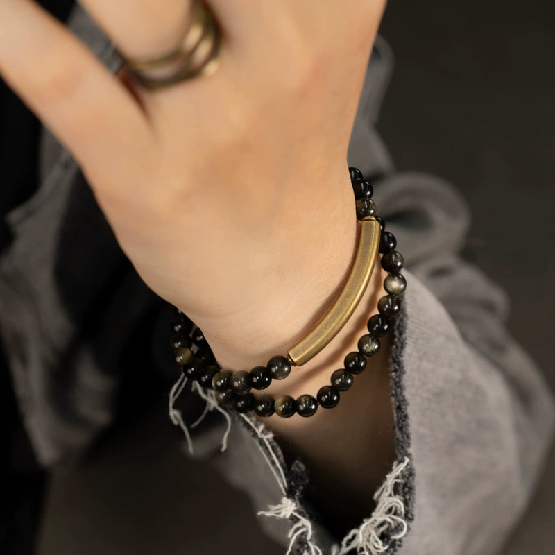 Golden Obsidian & Brass Tibetan Bracelet for Confidence
