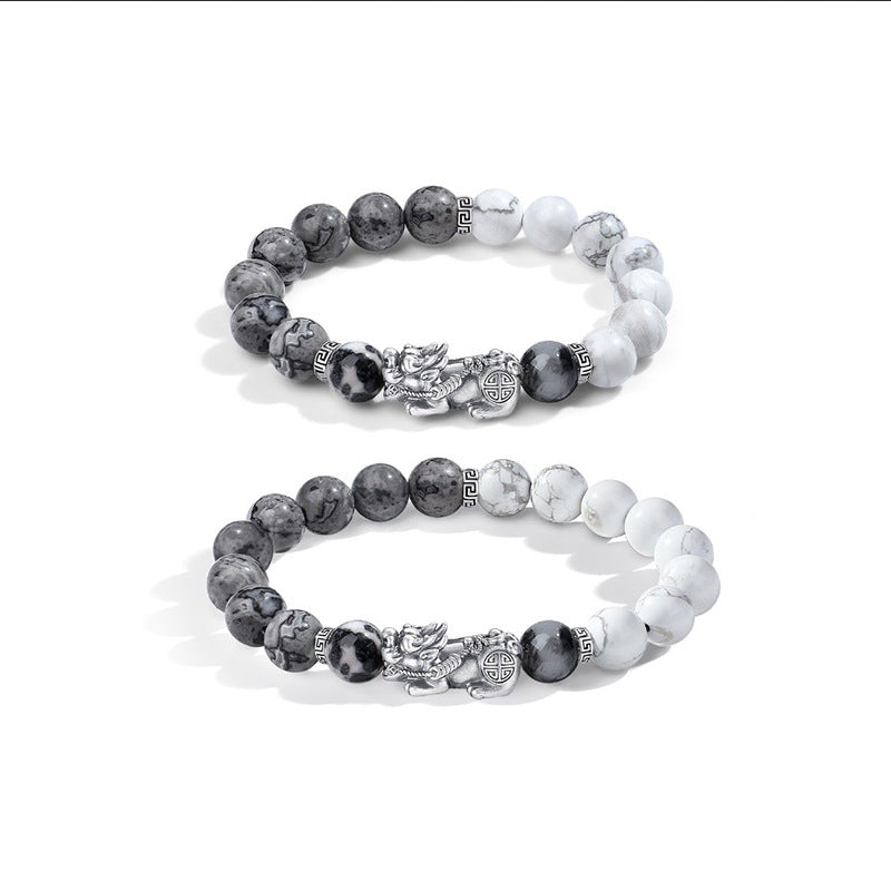 Pure Silver Pixiu Bracelet | White Turquoise & Yin Yang Design