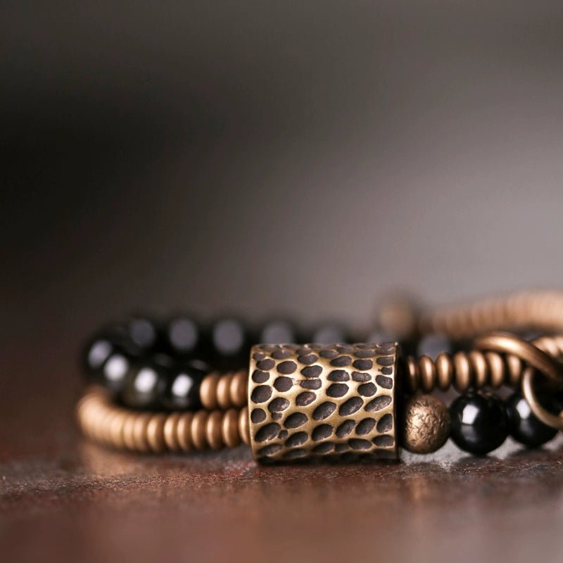 Tibetan Style Obsidian & Brass Wrap Bracelet for Courage & Spiritual Growth