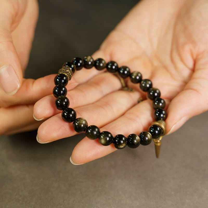 Golden Obsidian & Brass Feng Shui Bracelet for Wealth & Strength